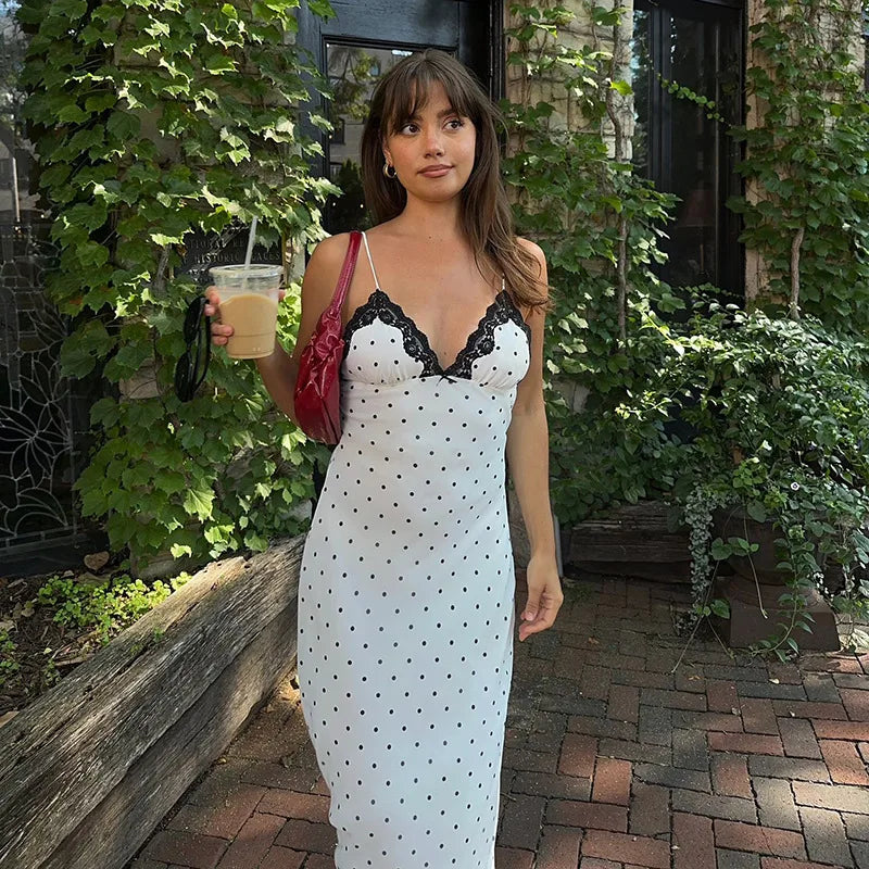 Bxoxo Sexy V-neck Polka Dot Suspender Dress For Women Slim French Retro LAce Splice Long Dress Female Sexy Summer Party Dress