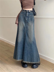 BXOXO Women Blue Denim Skirt Y2k Elegant A-Line Trumpet Skirt Harajuku Korean Vintage Fashion 90s High Waist Jean Skirts 2000s Clothes