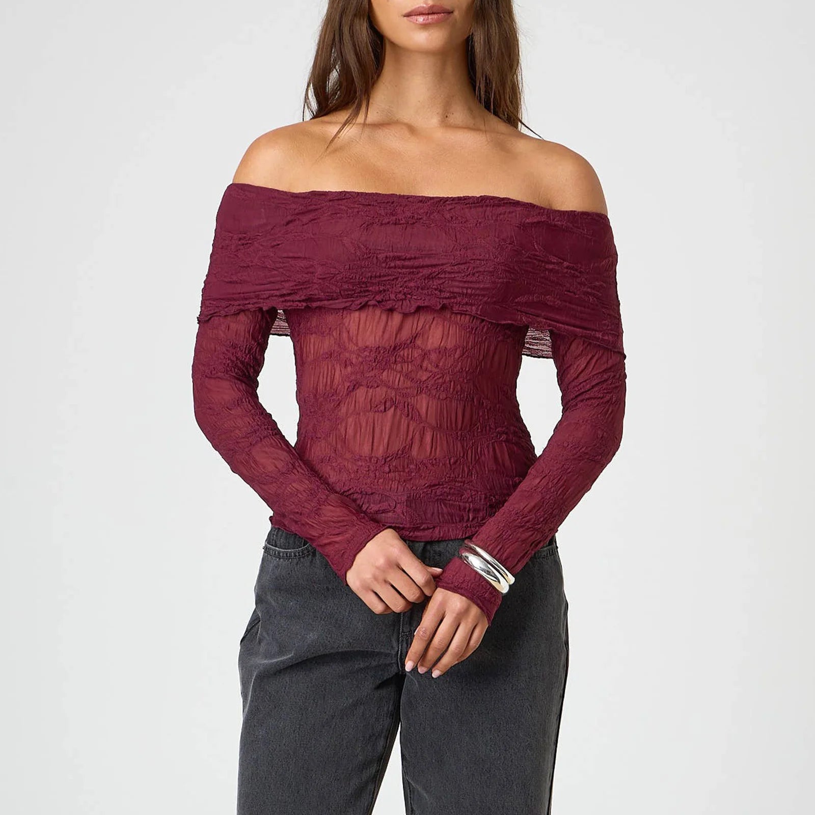BXOXO Womens Off Shoulder Sheer Tops Floral Lace Chest Folding Boat Neck Long Sleeve Casual T-Shirt for Parties Streetwear