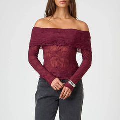 BXOXO Womens Off Shoulder Sheer Tops Floral Lace Chest Folding Boat Neck Long Sleeve Casual T-Shirt for Parties Streetwear
