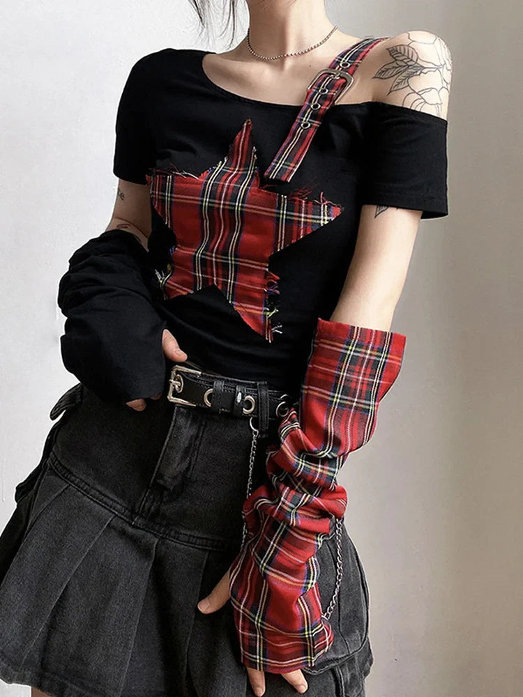 BXOXO Summer Star Patchwork Crop Tops Plaid T Shirt Women Fashion Off Single Shoulder Y2k Tee OverSleeve Fairy Grunge Shirts