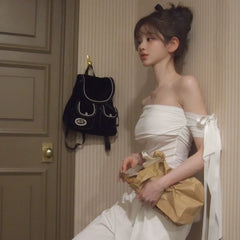 Bxoxo Solid Sexy Off Shoulder Casual Slash Neck Bow Pleated Slim Fit Crop Tops Y2K Spring Summer New Daily Cute Fashion Vest