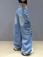 Bxoxo Street Vintage Cargo Jeans Women New Y2K Harajuku Wash Blue Multiple Pockets Baggy Jeans Denim Pants Bf High Waist Wide Trousers