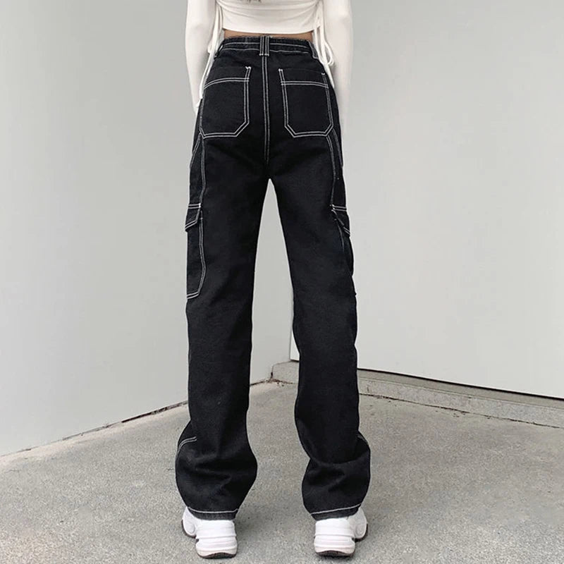 BXOXO Streetwear Pockets Black Cargo Jeans Women High Waist Straight Denim Trousers Woman Harajuku Wide Leg Long Pants