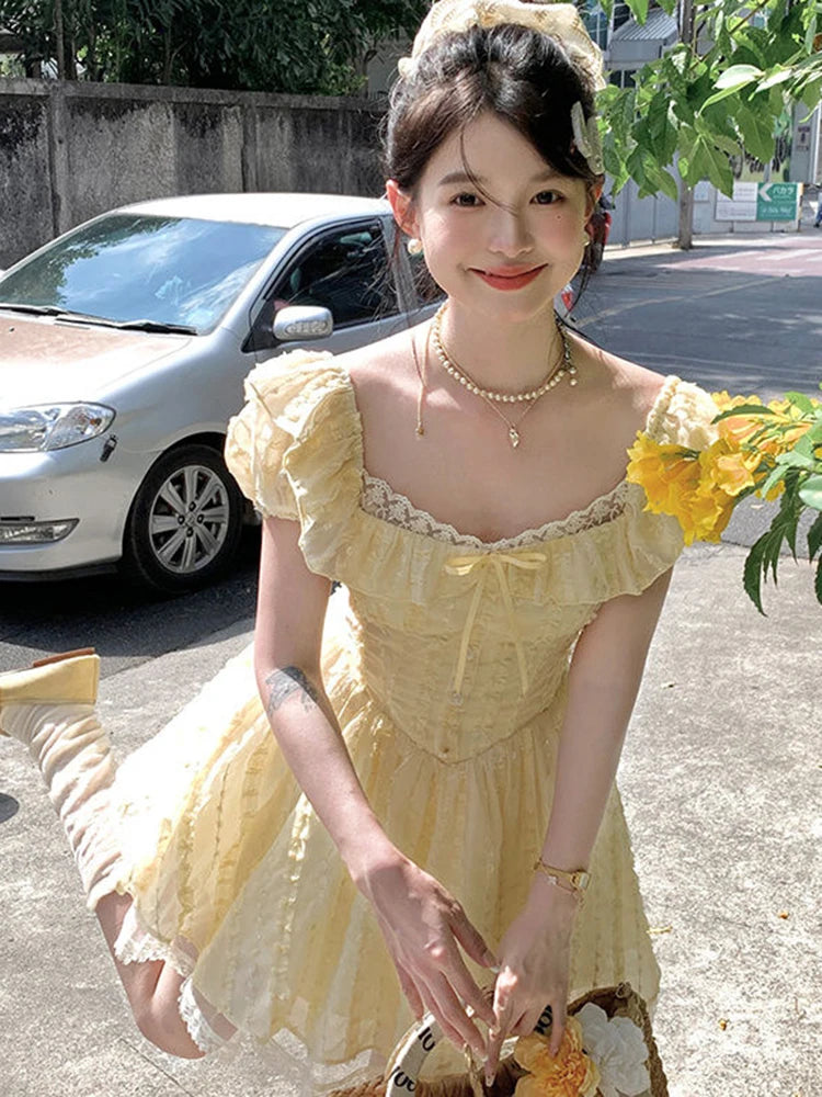 BXOXO Sweet Sexy Slim Yellow Dress Women Fashion Lace Patchwork Cute Mini Dress Chic Square Collar Puffy Sleeve Elegant Vestidos