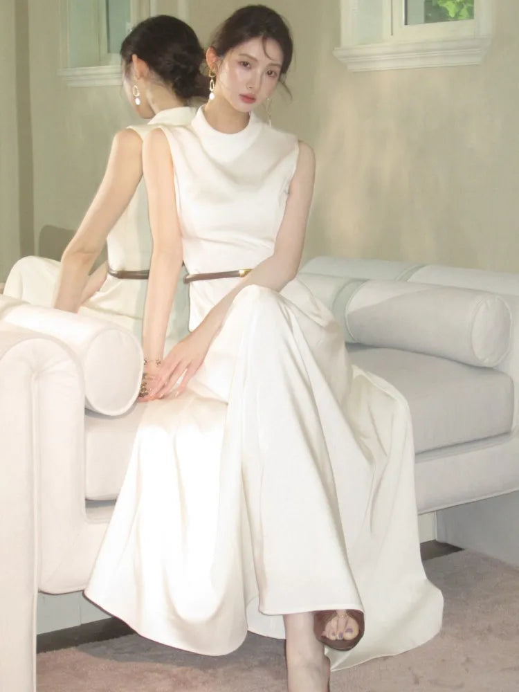Bxoxo Women's Elegant Solid Prom Long Evening Dresses Vintage Chic A-Line Sleeveless White Patchwork Party Dress French Vestidos Mujer