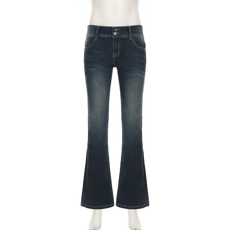 Bxoxo Vintage Washed Basic Flared Jeans Women Low Waist American Style Slim Denim Pants Button-up Trousers Casual Aesthetic
