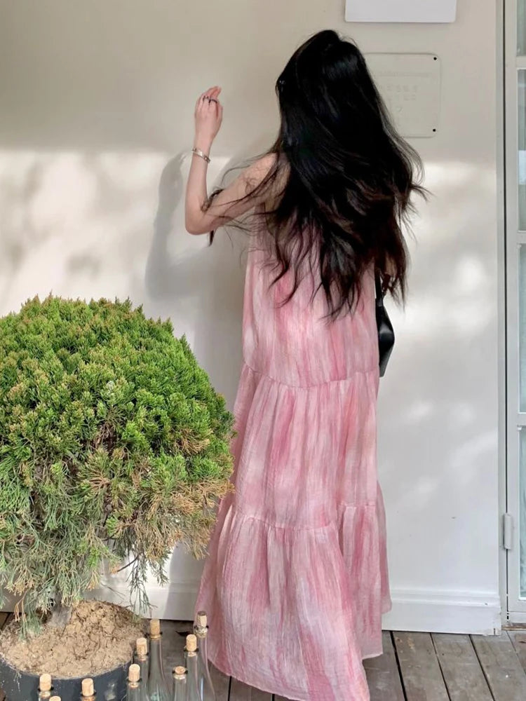 Bxoxo Pink Tie Dye Beach Long Dress Women Elegant Casual Sleeveless Sweet Tanks Dress Casual Vintage Summer Lady Loose Long Dress