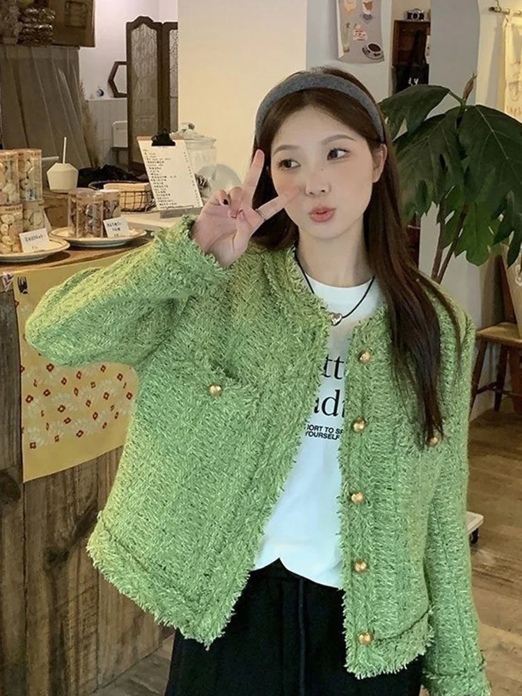 Bxoxo Sweet Green Tweed Jackets Women Vintage Long Sleeve Casual Coat Korean O Neck Fall Winter Retro All Match Elegant Outwear Tops