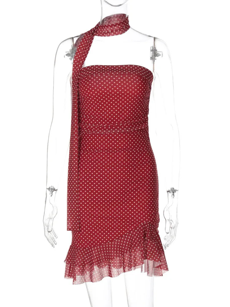 BXOXO Scarf Collar Polka Dot Mini Dress Women Robe Fashion Off-shoulder Backless Sleeveless Ruffled Club Party Dress Vestido