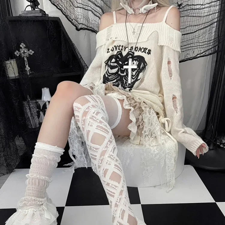 BXOXO Off Shoulder Hole Sweaters Women 2025 Autumn New Sphenoid Print Tops Y2k E-Girl Long Sleeve Hollow Out Pullovers