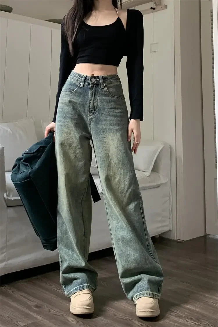 Bxoxo Vintage High-waisted Slimming Jeans American Style Casual Bell Bottoms Versatile Straight-leg Long Pants For Women