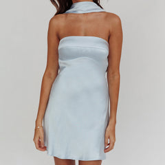 BXOXO Women Strapless Tube Mini Bodycon Dress with Scarf Y2k Sexy Open Back Silk Satin Club Party Night Short Dresses Summer