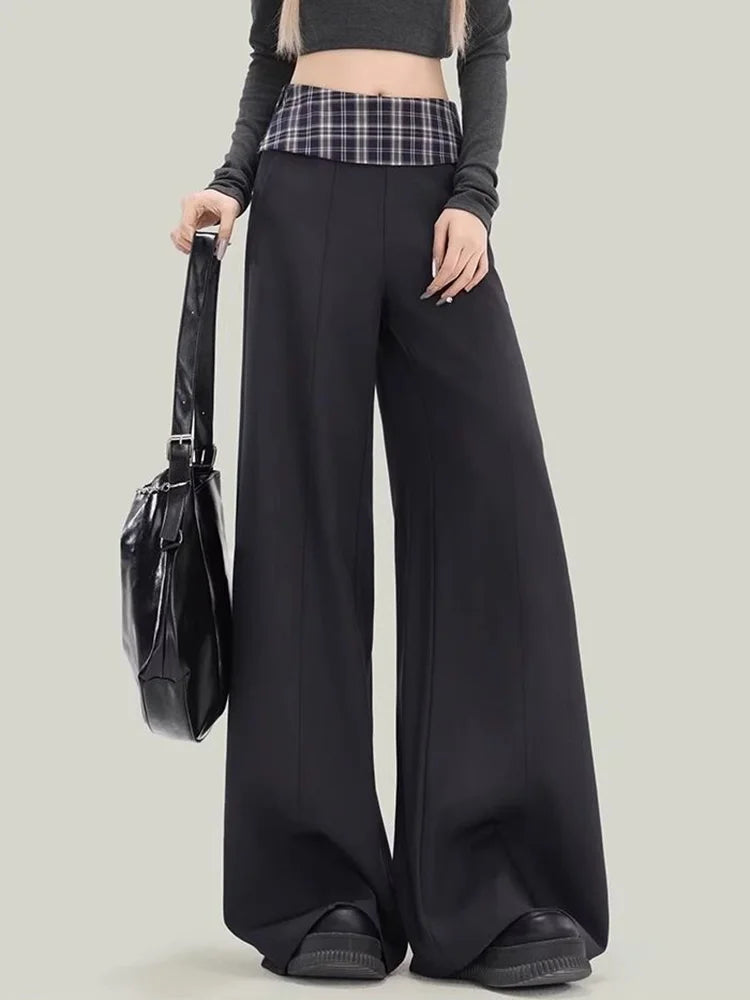 Bxoxo Plaid Patchwork Suit Pant Women Vintage Casual Korean High Waist Trouser Autumn Retro Loose Elegant Black Wide Leg Pant New