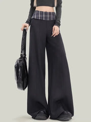 Bxoxo Plaid Patchwork Suit Pant Women Vintage Casual Korean High Waist Trouser Autumn Retro Loose Elegant Black Wide Leg Pant New