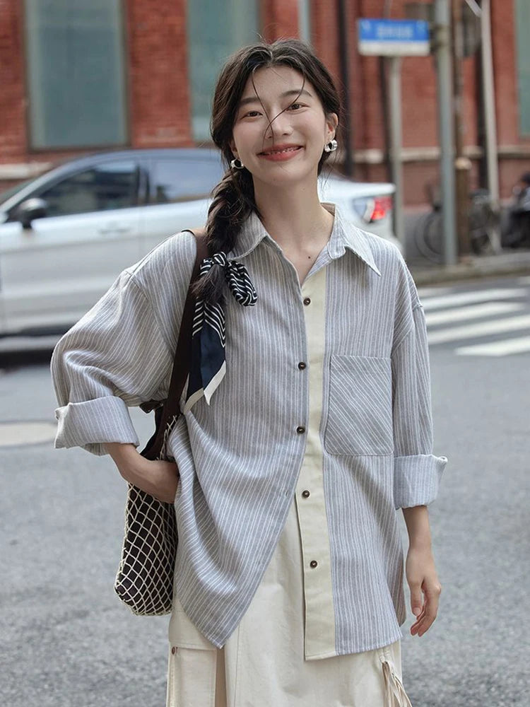 Bxoxo Preppy Style Sweet Striped Shirt Women Loose Casual Long Sleeve Blouse Fall New Vintage Pocket Korean Female Simple Retro Tops