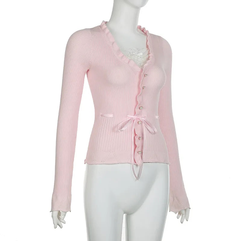 Bxoxo Fairycore Clothing Top y2k Women Ruffle Lace Patchwork Long Sleeve Knitted T Shirt 2000s Coquette Clothes Streetwear