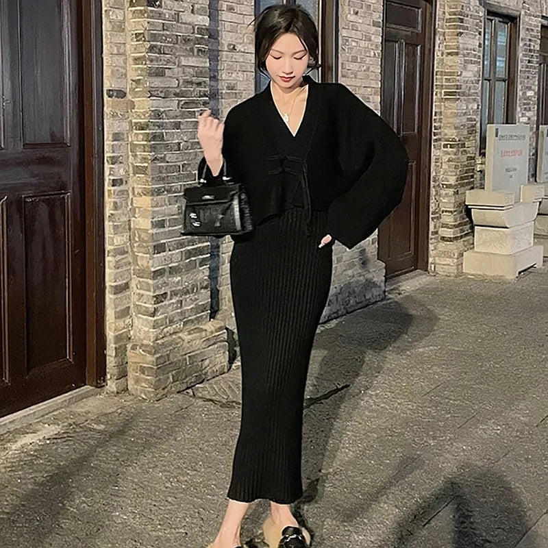 Bxoxo  Winter Elegant 2 Piece Sweater Dresses Set Women Loose Warm Knitted Bodycon Suit Female Casual Korean Fashion Chic Streetwear