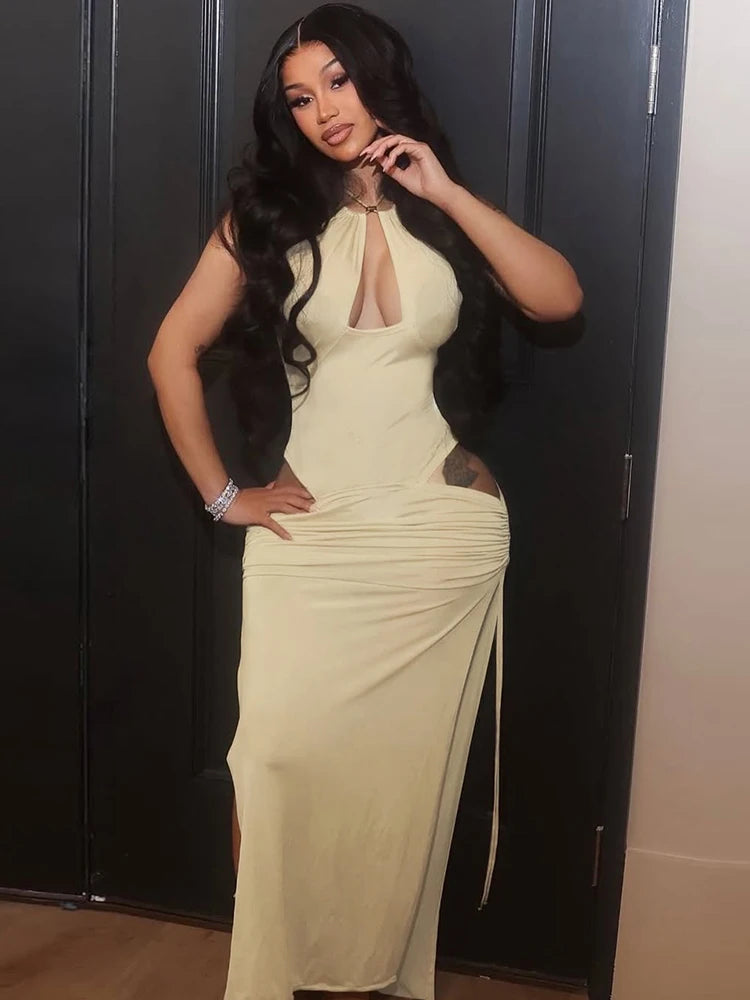BXOXO Hollow Thin Sexy Women Dress Y2K Side Shirring Hollow Sleeveless Bandage Summer Trend Waistless Clubwear Maxi Bodycon