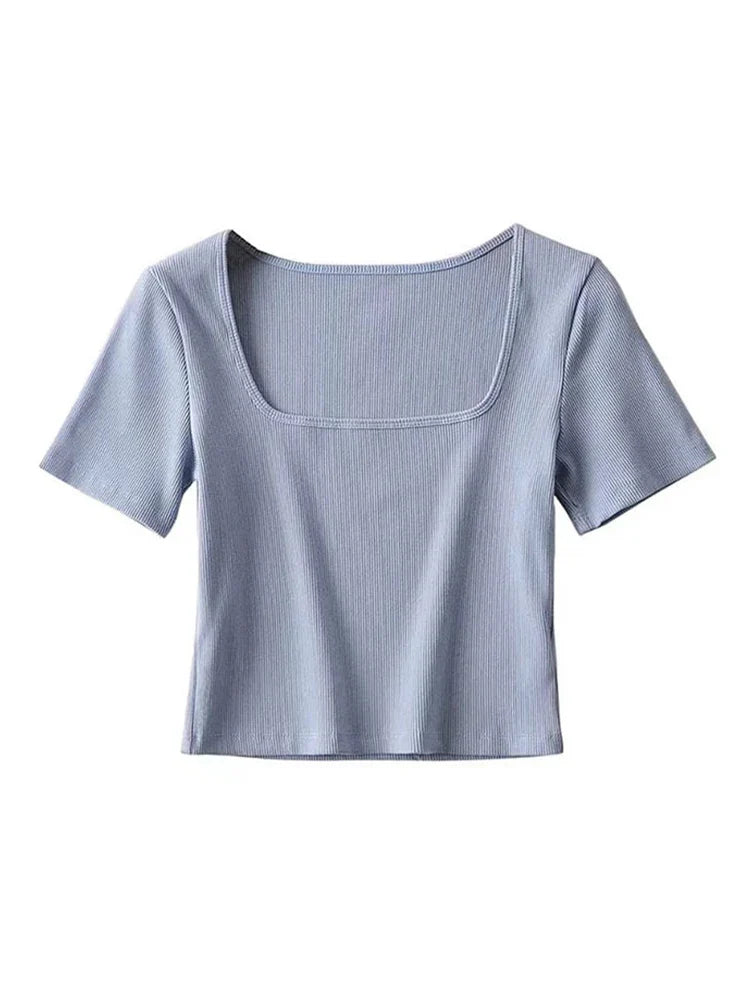 BXOXO Women Square Neck Rib Crop T-shirt Short Sleeve Crop Top