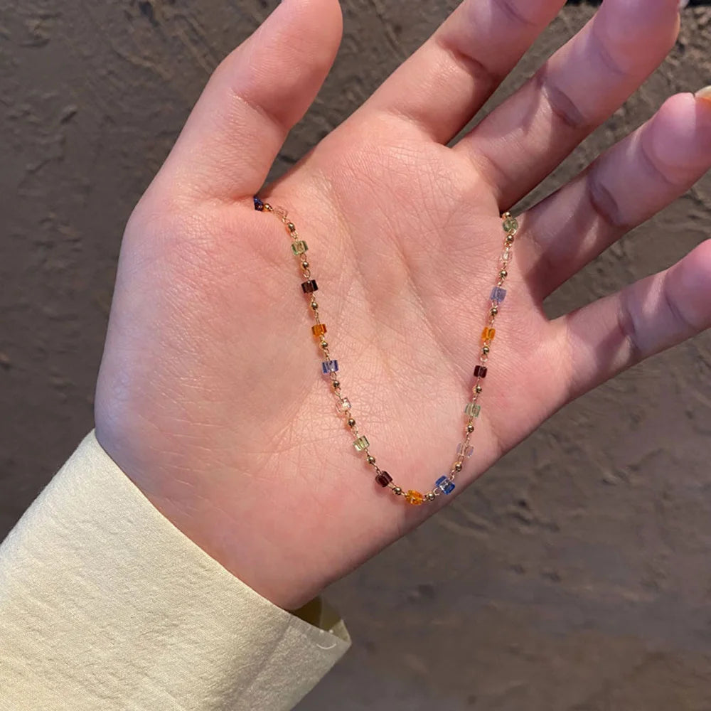BXOXO Simple Colorful Square Acrylic Choker Fashion Gold Color Bead Chain Necklace Vintage Crystal Necklace For Women  Party Jewelry