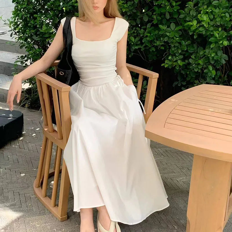 Bxoxo Elegant Stitching Dress Female Korean Chic Square Collar Short Sleeve Beach Party Dress Ladies High Waist All-Match A Line Dress