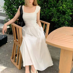 Bxoxo Elegant Stitching Dress Female Korean Chic Square Collar Short Sleeve Beach Party Dress Ladies High Waist All-Match A Line Dress