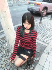 BXOXO Red Striped Pullovers Gothic Y2k Clothes Emo Girls Long Sleeve Asymmetrical Harajuku Slim Kawaii Retro Pull Femme Sweaters Chic
