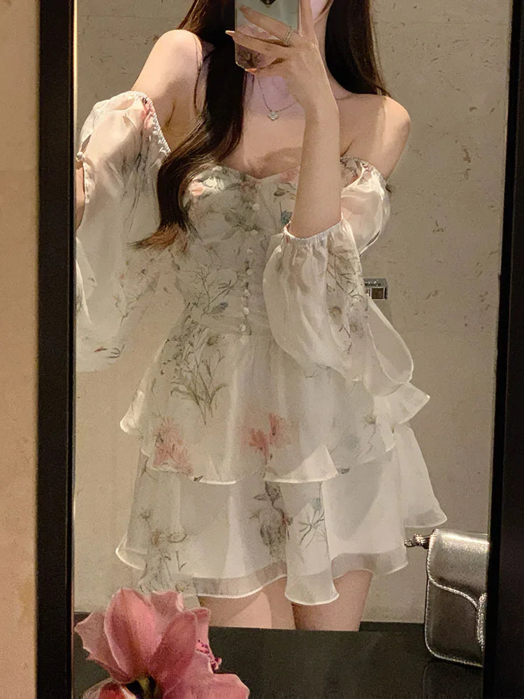 BXOXO Chiffon Dress for Women Long Sleeve Party French Style Dress Fairycore Floral Ruffles Square Collar New Spring Summer Dress