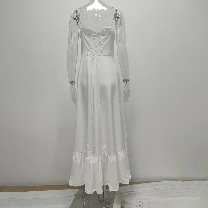 BXOXO Basic All-Match White Sling Dress Temperament High Waist Ruffled Dress Sweetheart Adjustable Bow Straps Thin Camisole Dress