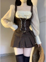 Bxoxo Autumn Korean Fashion Suit Woman Vintage Kawaii 2 Piece Skirt Set Casual Slim Blouse + Party Y2k Mini Skirt Elegant Chic
