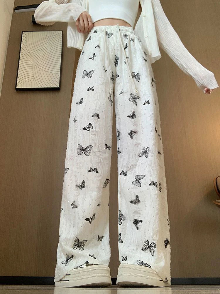 Bxoxo High Waist Wide Leg Pants Women Summer Loose Butterfly Print Female Casual Pants Y2K Korean Drawstring Floor Length Trousers