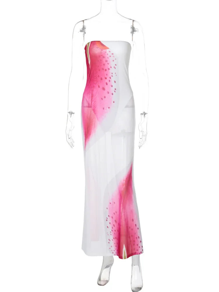 BXOXO  Mesh Floral Print Sexy Maxi Dress For Women Gown Off-shoulder Strapless Sleeveless Backless Bodycon Club Long Dress