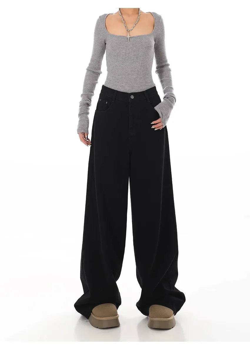 Bxoxo Y2K Black Jeans for Women Korean Fashion Streetwear High Waist Wide Leg Denim Pants Female Baggy Straight Trouser