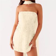 BXOXO Women Sequin Strapless Mini Dress with Scarf Y2K Rhinestone Sleeveless Off Shoulder Dress Sexy Backless Club Party Dress