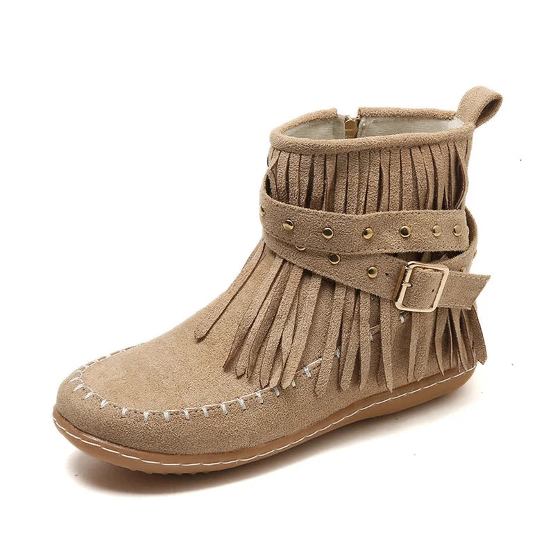 BXOXO Botines Autumn Flat Heel Ankle Boots Retro Suede Tassel Women Boots Fashion Round Toe Soft Sole Short Boots Casual Women Shoes