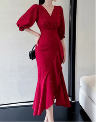 BXOXO Elegant Midi Red Mermaid Dress Women Autumn Korean Sexy V-neck Irregular Sequins Dress Vintage Casual Evening Party Dress