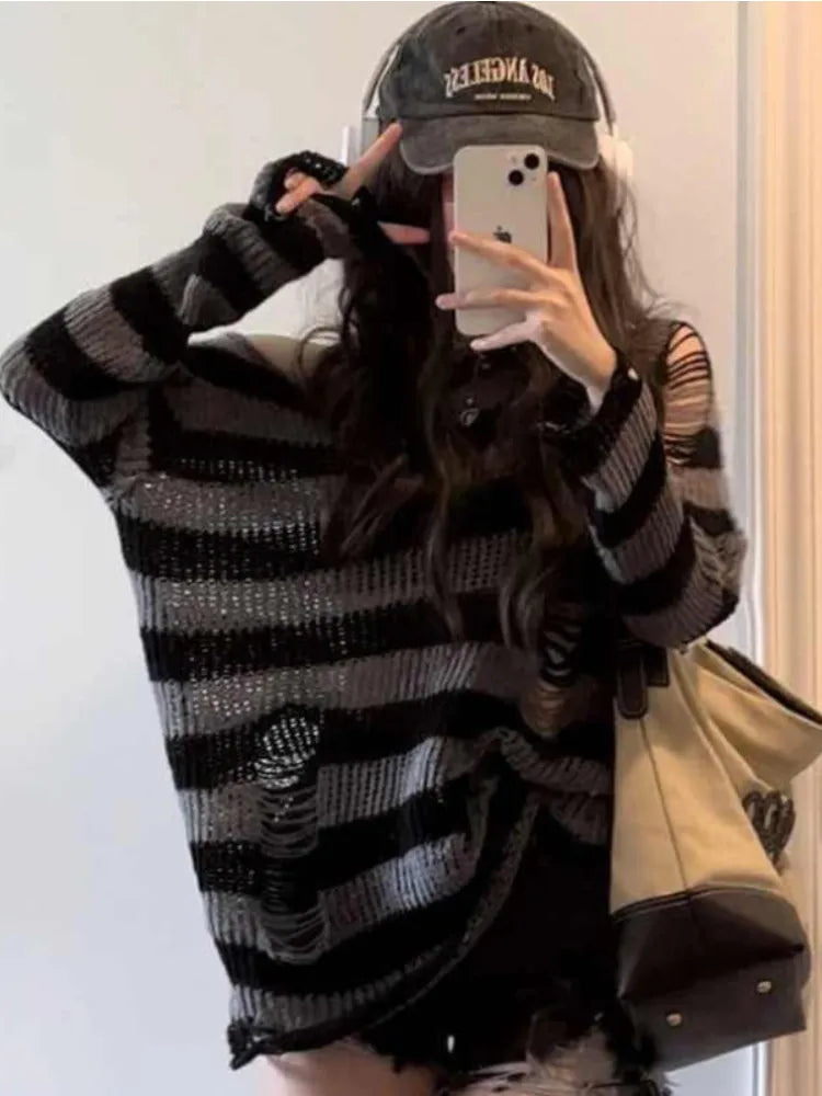 BXOXO Gothic Streetwear Striped Knitted Sweater Women Harajuku Punk Hollow Out Jumper Hole Loose All-match Tops Grunge E-girl