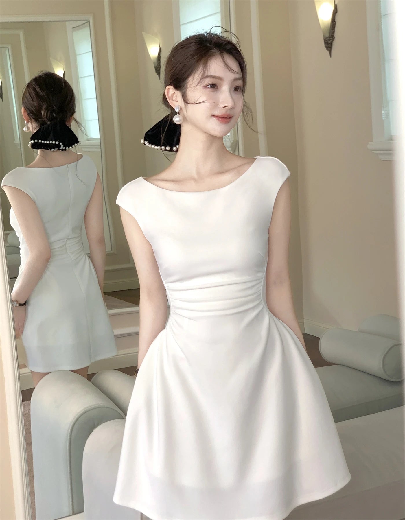 Bxoxo Women's French Vintage Slim Dresses Summer Elegant Slash-Neck A-Line Folds Design Shoulder Wrap New Dresses Party Evening 2025