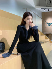 Bxoxo Black Patchwork Long Sleeve Knit Dress Women Autumn Korean Lapel Midi Dress Y2K Elegant Office Lady All Match Party Vestidos