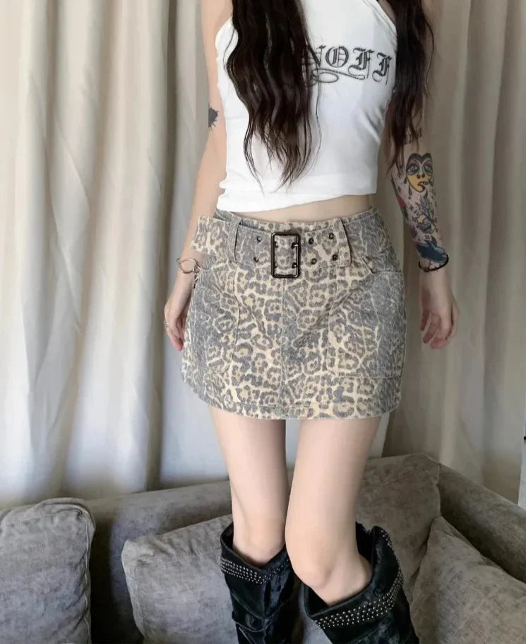 BXOXO Women Punk Vintage Y2K Slim Retro Trashy Jeans Skirts Summer Casual Female Hotsweet Leopard Print Mini Denim Short Skirt