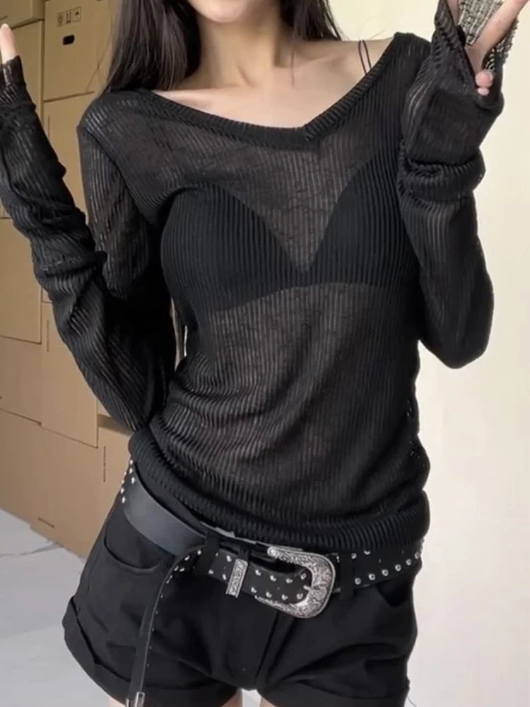 Bxoxo Women Long Sleeve T Shirt Thin Perspective Summer Solid Slim Casual Shirts Female Pullovers Basic Tee Y2k Clothes Streetwear Top