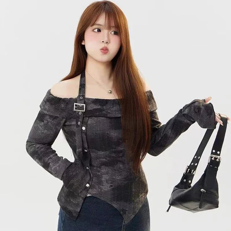 Bxoxo Fashion Slash Neck T Shirt Women Korean Elegant Off Shoulder Irregular Women Tops Harajuku Tie Dye Long Sleeve Pullovers