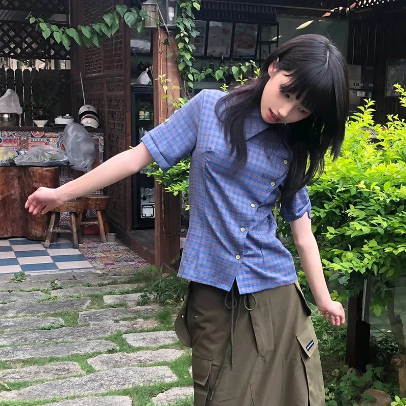Bxoxo Y2k Vintage Shirt Women Short Sleeve Irregular Casual Shirt Plaid 2000s Japanese Summer Shirt Tee E-girls Streetwear