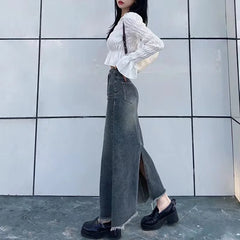 BXOXO Autumn Retro Classic All-Match Skirt Women Casual Commuter Outing Tight Sexy Irregular Long Denim Vitality Skirt Girl Cool