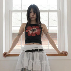 BXOXO Y2k Print Tank Women Floral Sleeveless T Shirt Streetwear Vintage Grunge Crop Tops 2000s Aesthetic Japanese Vest Tops