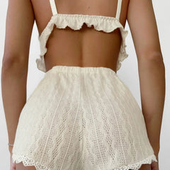 BXOXO Lace Patchwork Women's Pajamas Sets Hollow Out Crop Top Sleepwear Sexy Spaghetti Strap Nightwear Shorts Nightie Suits