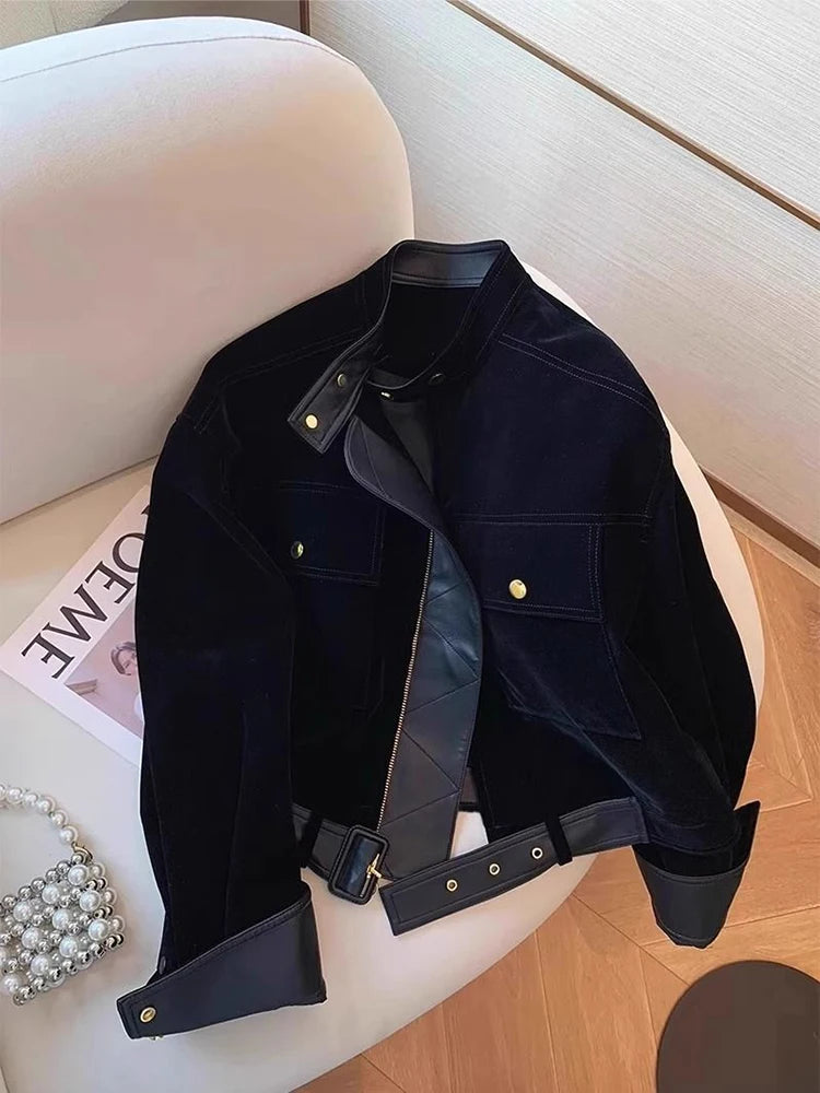 Bxoxo Black Patchwork Pu Leather Jacket for Women Y2K Fall Loose Streetwear Stand Collar Crop Coats Bf Korean All Match Zipper Outwear