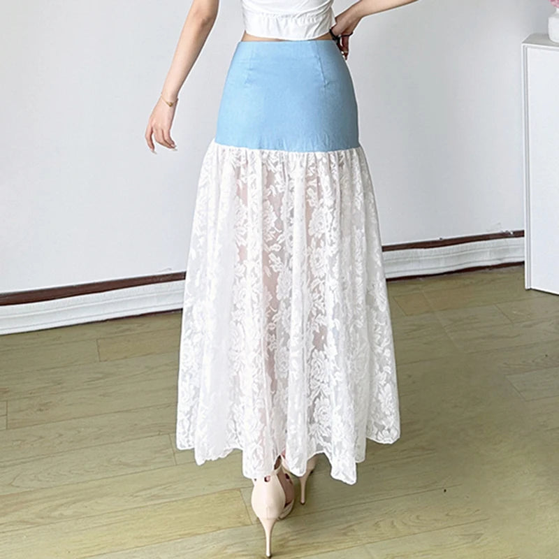 Bxoxo Fairycore Lace Stitching Skirt Chic Irregular Denim Patchwork Low Rise Long Skirts for Women Summer Streetwear y2k Skirts