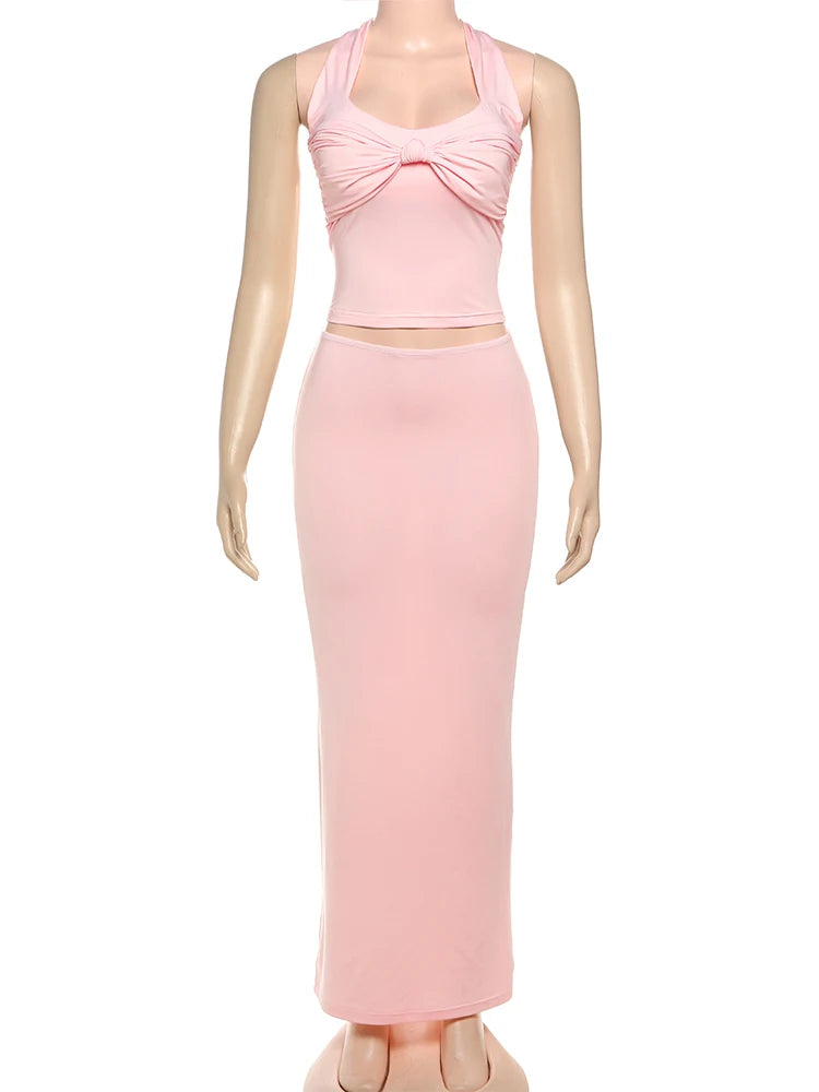 BXOXO Sexy Women 2 Piece Set Halter Solid Pleated Knot Backless Y2K Tank Tops+Skirts Vacation Party Elegant Matching Suits